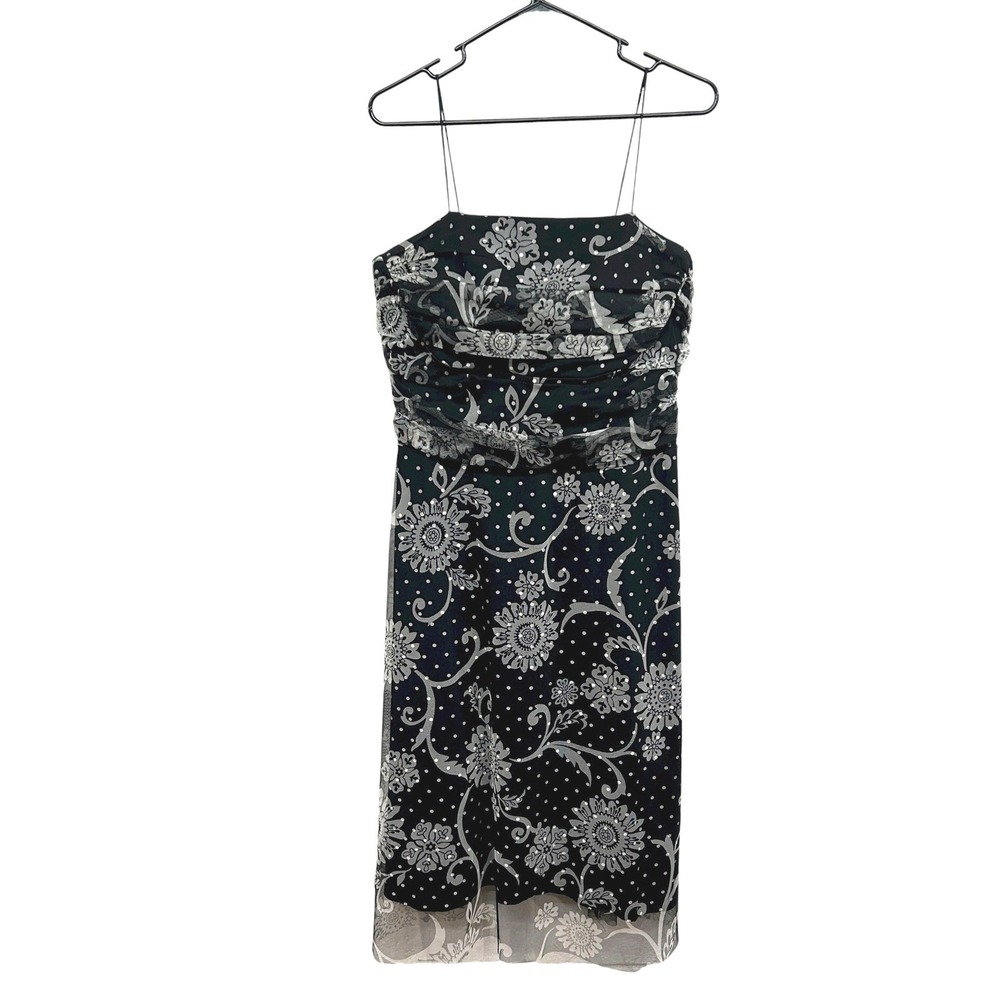 Black Polka Dot Sheer Floral Ruched Dress‎ 14W Romantic Evening Date Night